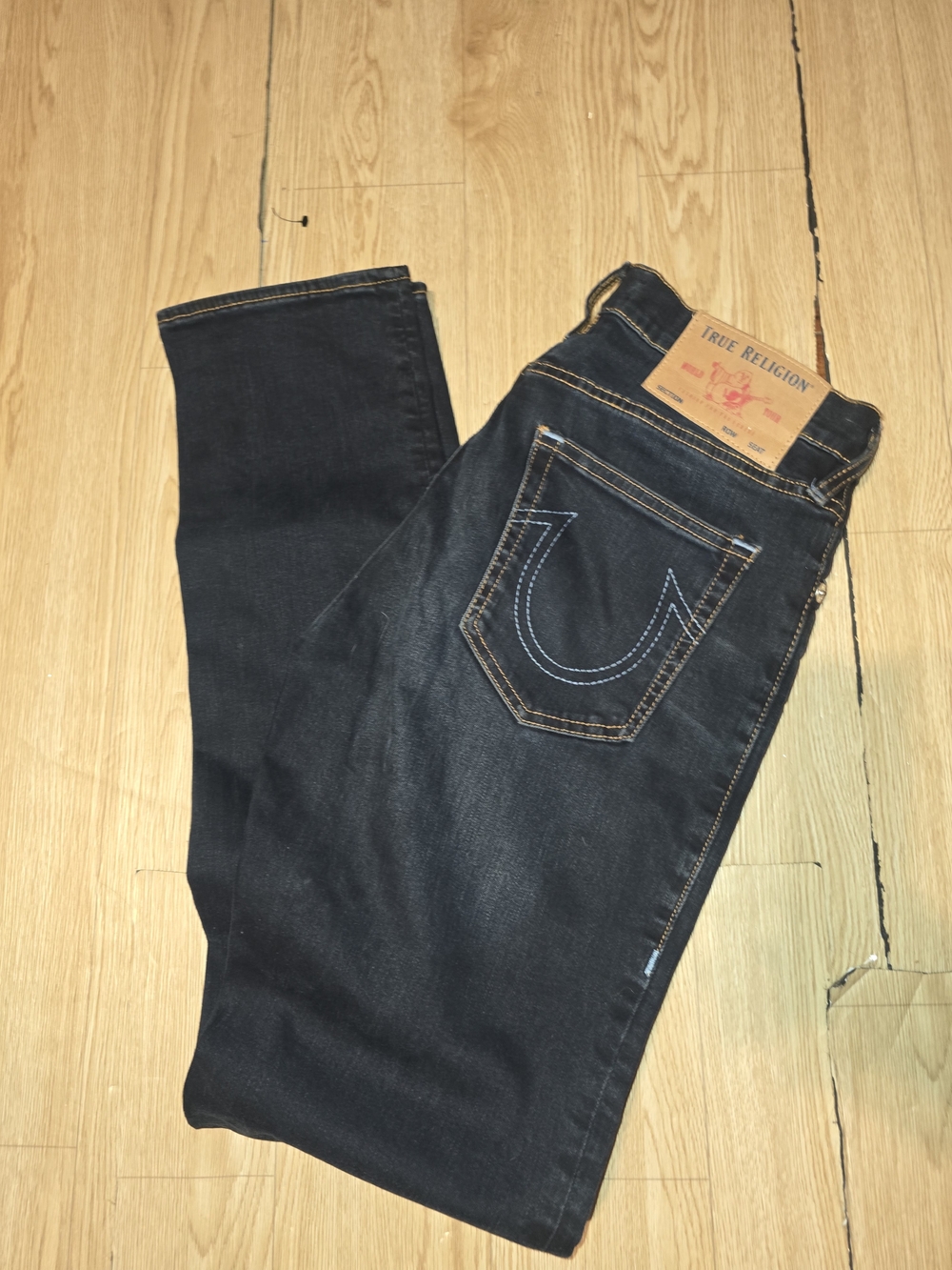 True Religion Men's Dark Indigo Straight Jeans with Contrast Stitching